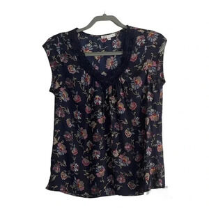 DR2 Navy Floral Print Blouse with Crochet Detail